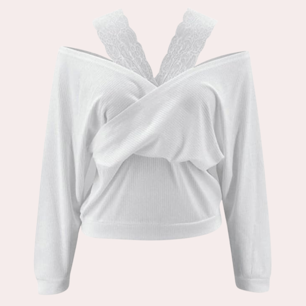 Witte off-shoulder damestrui met lange mouwen en kanten rugdetail, modieuze dameskleding, trendy herfst- en wintermode.