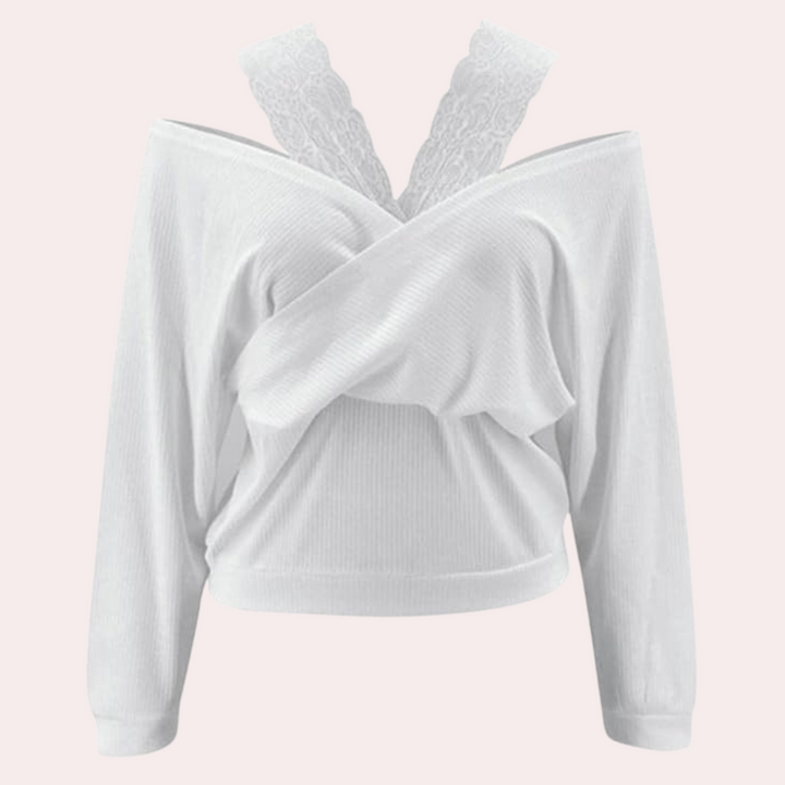 Witte off-shoulder damestrui met lange mouwen en kanten rugdetail, modieuze dameskleding, trendy herfst- en wintermode.