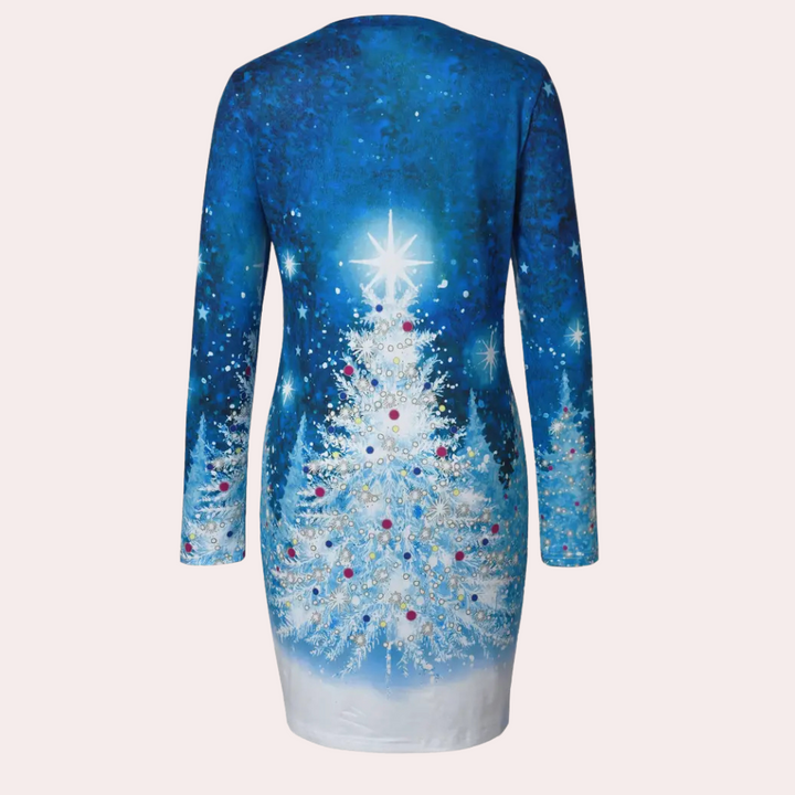 Blauwe kerstjurk met lange mouwen, versierd met een witte kerstboom en sterren. Perfect voor feestdagen, kerstmode, dameskleding.