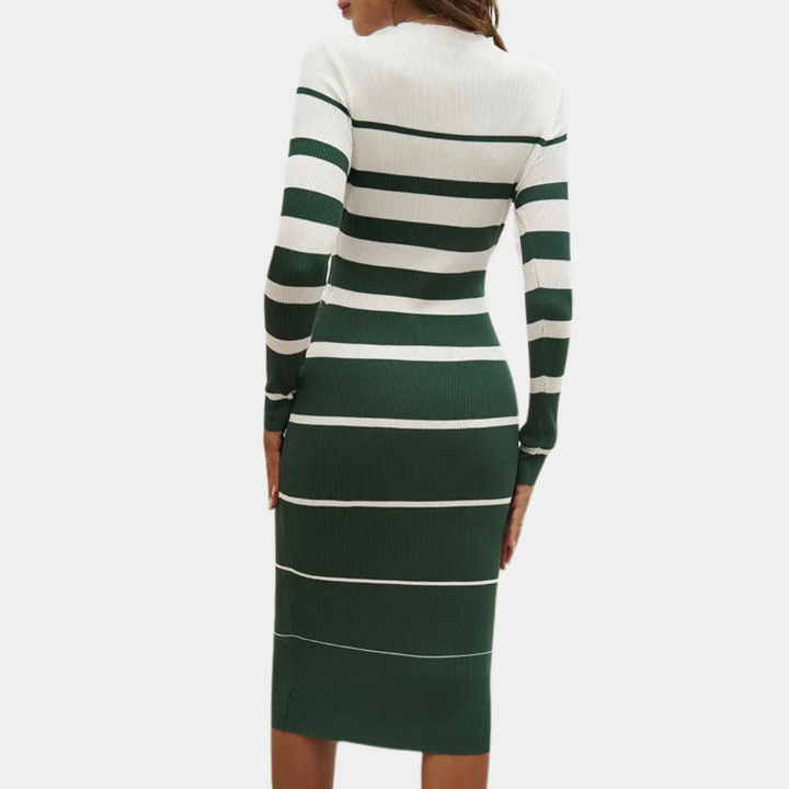 Gestreepte damesjurk met lange mouwen, groen en wit, nauwsluitend ontwerp, knielengte. Perfect voor casual en formele gelegenheden.