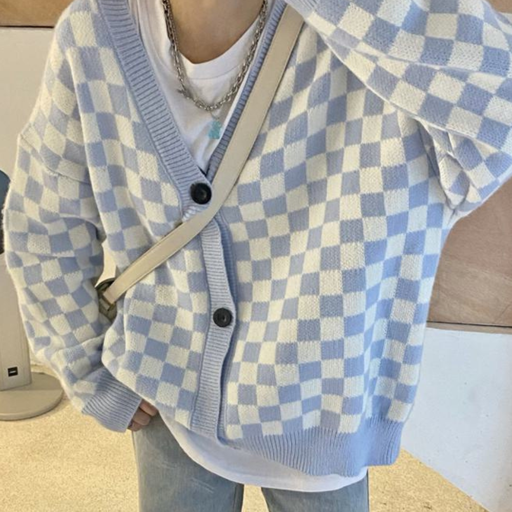 Blauw-wit geruite gebreide cardigan met knopen, gedragen over een witte T-shirt en spijkerbroek. Modieuze dameskleding, casual stijl.