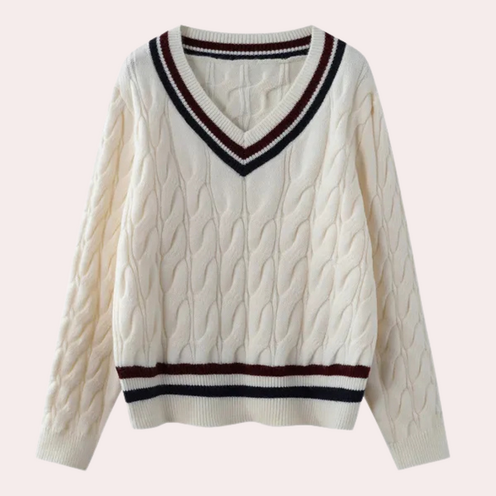 Crèmekleurige kabeltrui met V-hals, gestreepte boorden, casual damesmode, herfst- en winterkleding, stijlvolle gebreide pullover.
