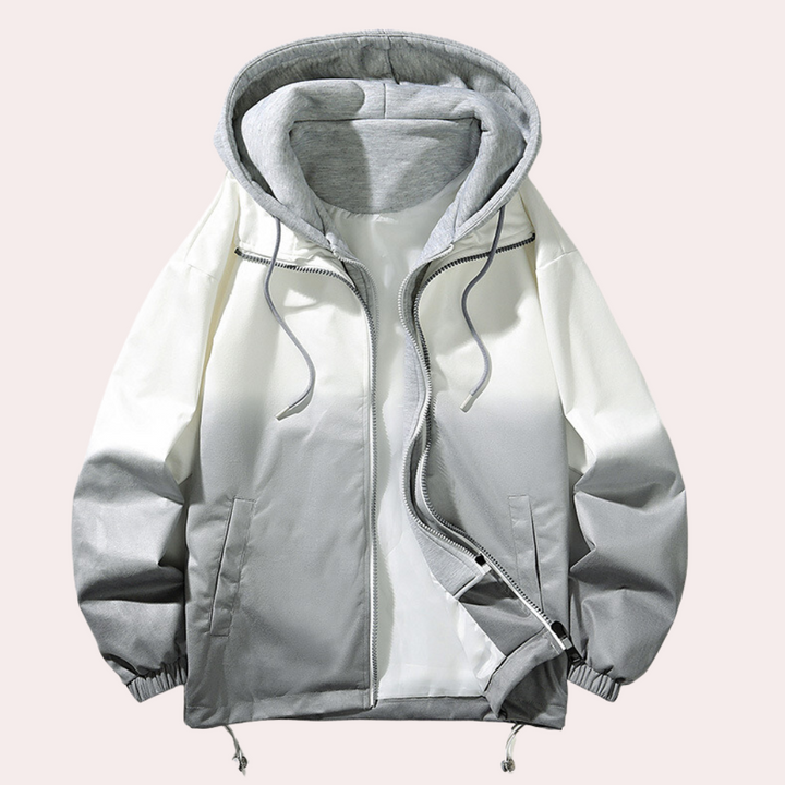 Grijze en witte ombre hoodie met ritssluiting, capuchon en trekkoorden. Modieuze unisex jas, ideaal voor casual streetwear en herfstmode.