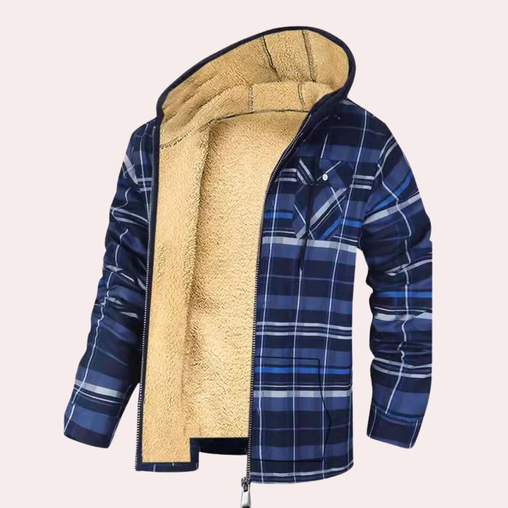 Blauwe geruite winterjas met capuchon en warme fleecevoering, ideaal voor koude seizoenen. Stijlvolle herenjas, comfortabel en modieus.