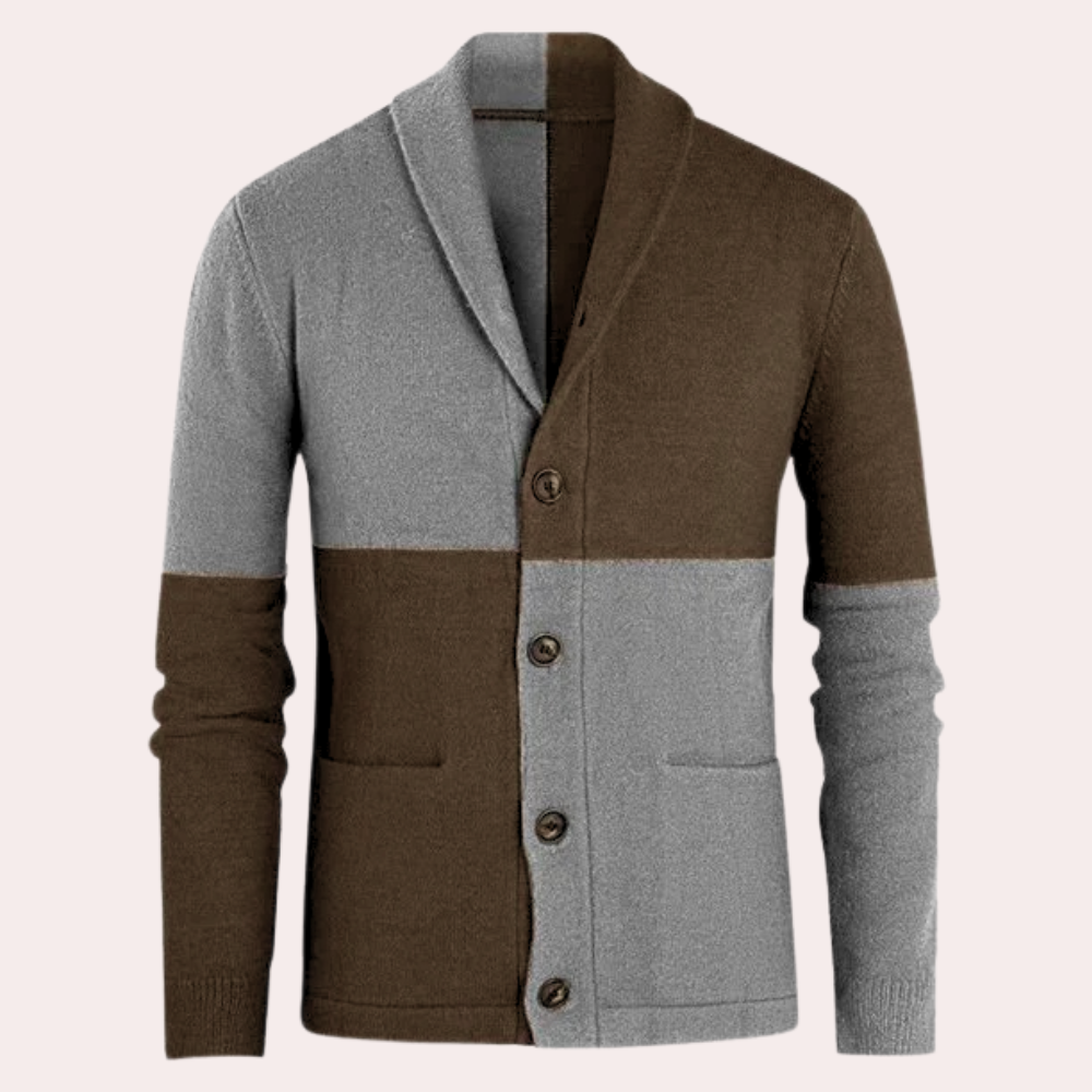 Tweekleurig heren vest met knopen, bruin en grijs, gemaakt van wolmix. Stijlvol en warm, ideaal voor herfst- en wintermode.