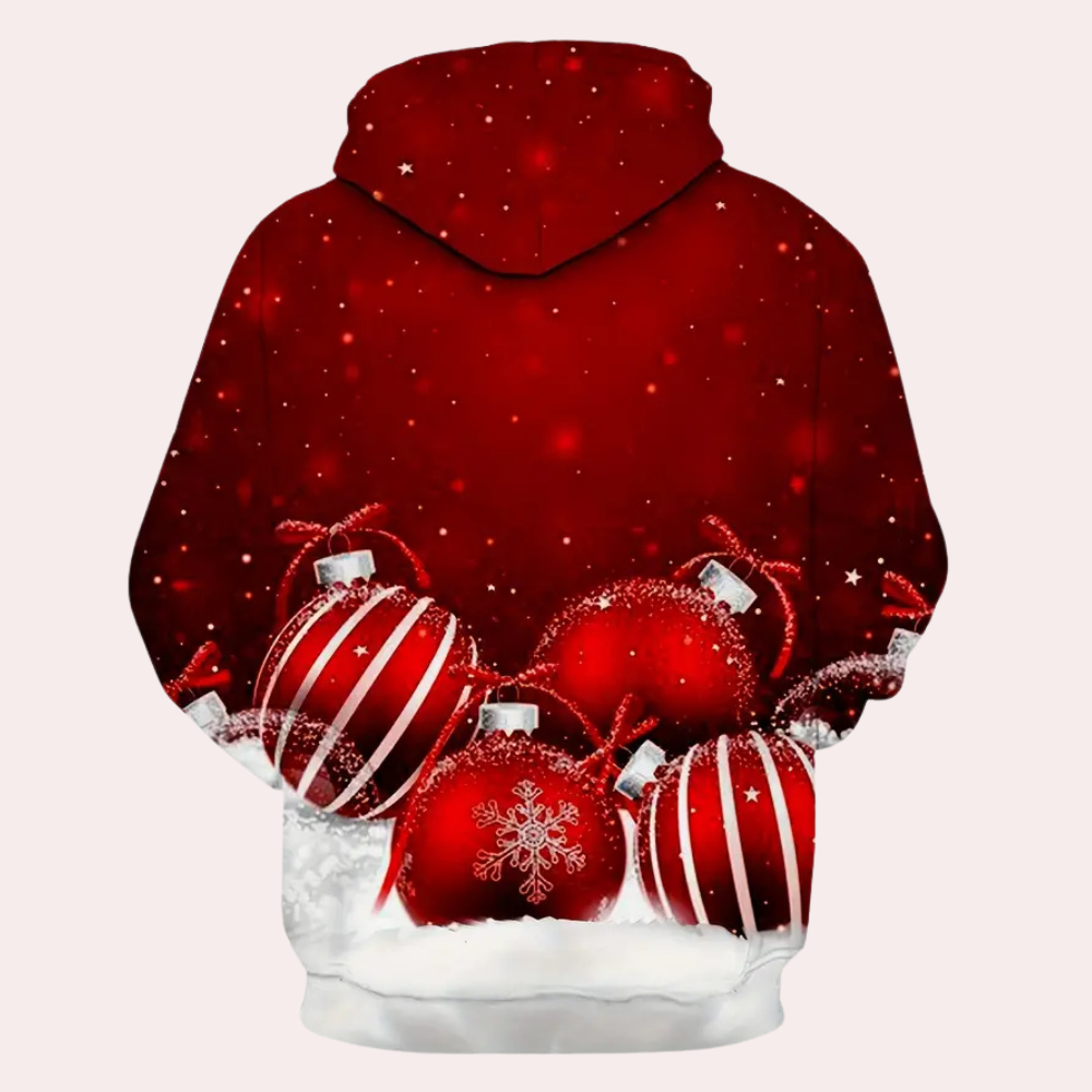 Rode kersttrui met capuchon, versierd met sneeuwvlokken en kerstballen, perfect voor feestdagen, wintermode en kerstcadeaus.