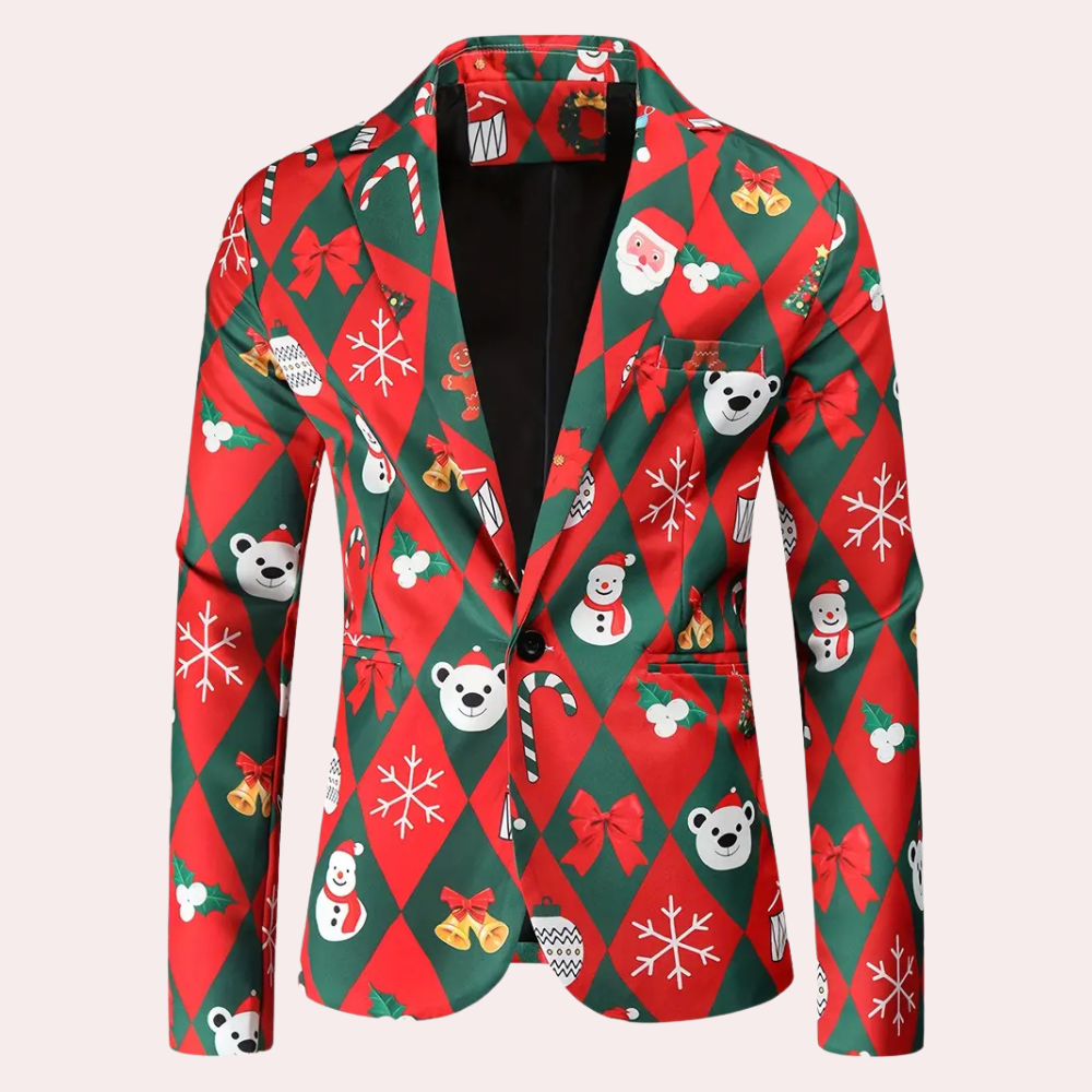 Kerstblazer met rood-groen ruitpatroon, versierd met kerstman, sneeuwpop, ijsbeer en sneeuwvlokken. Perfect voor feestelijke gelegenheden.