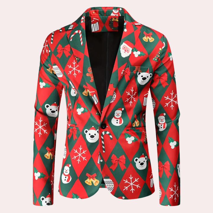Kerstblazer met rood-groen ruitpatroon, versierd met kerstman, sneeuwpop, ijsbeer en sneeuwvlokken. Perfect voor feestelijke gelegenheden.