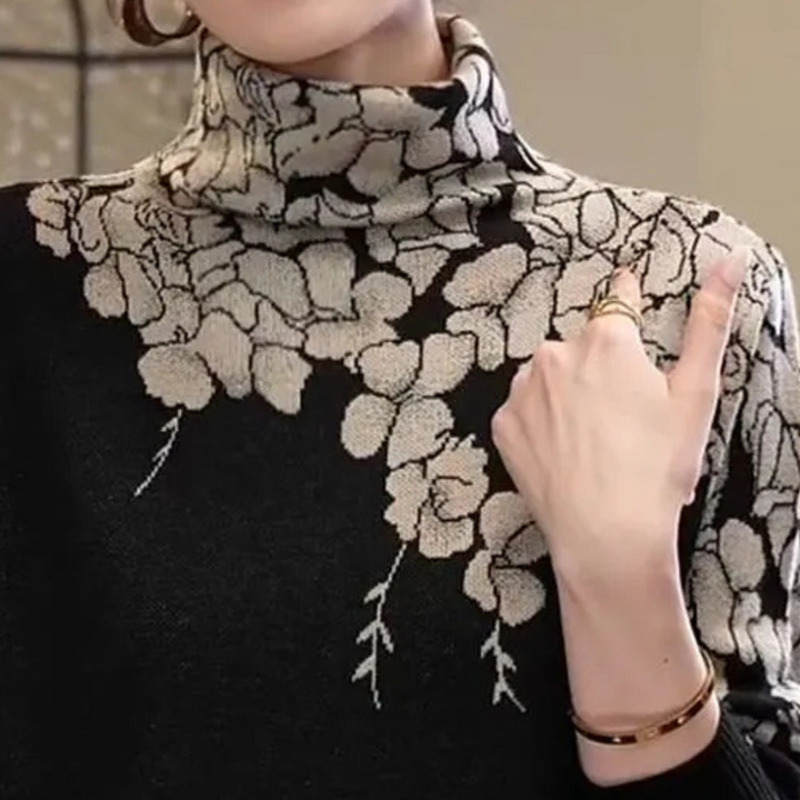 Zwarte coltrui met beige bloemenpatroon, damesmode, herfst-winter kleding, stijlvolle gebreide trui, casual chique outfit, modetrend 2023.
