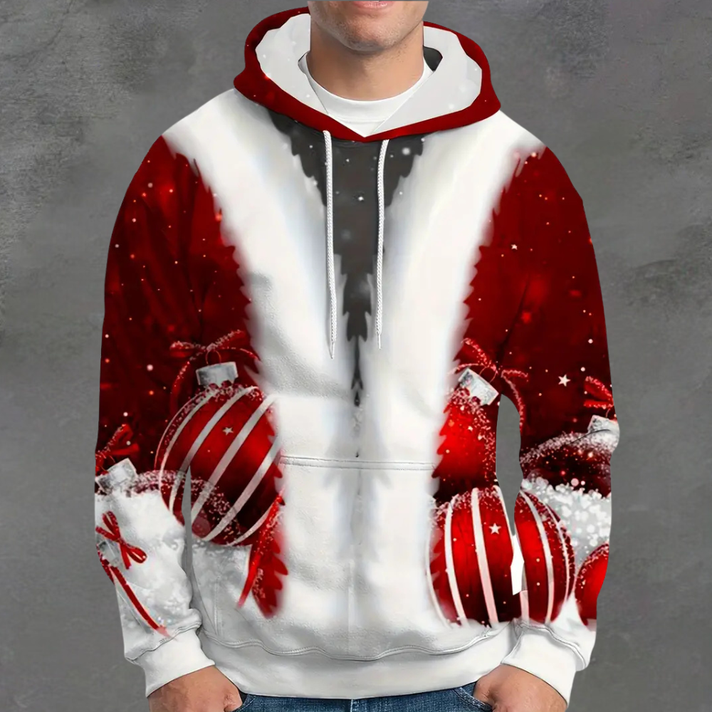 Man in kersttrui met rode en witte kerstballen en sneeuwvlokken, perfect voor feestdagen, wintermode, kerstcadeau, casual kleding.