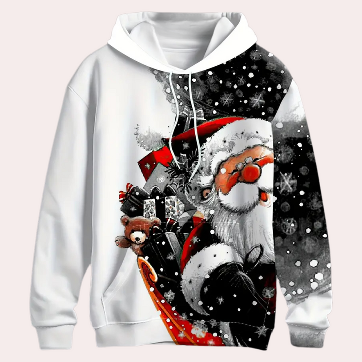Witte kersttrui met kleurrijke kerstmanprint, cadeaus en sneeuwvlokken. Perfect voor feestdagen, wintermode en kerstcadeaus.