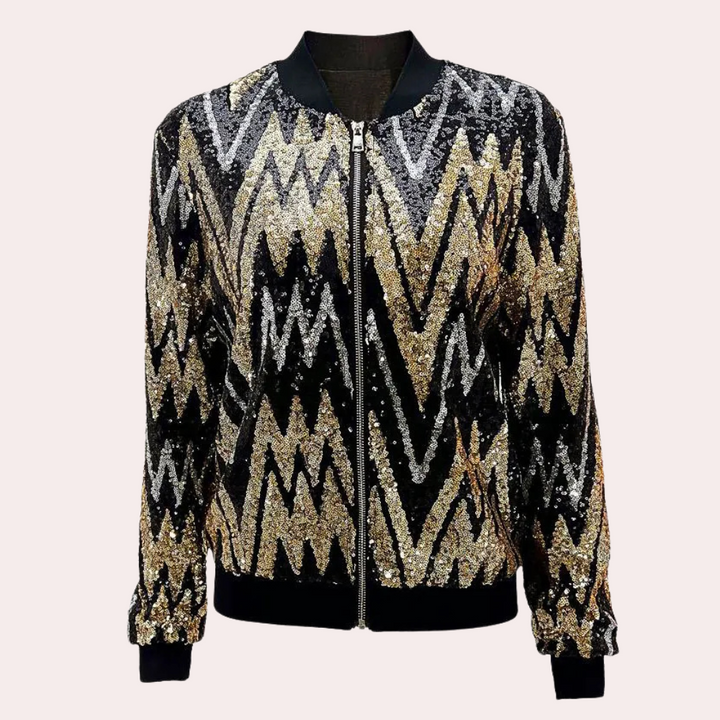 Gouden en zwarte pailletten bomberjack met zigzagpatroon, damesmode, trendy jasje, feestkleding, opvallende glitterjas, stijlvolle bovenkleding.