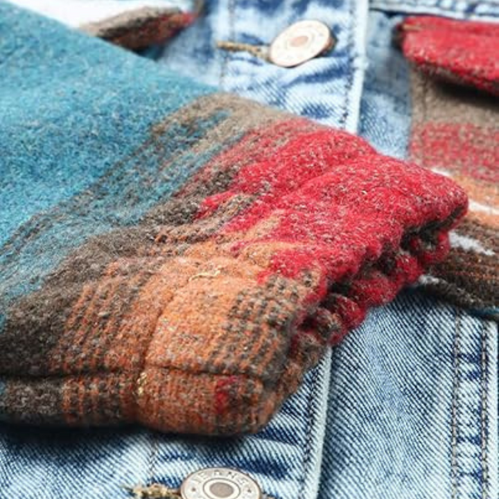 Detail van een kleurrijke wollen mouw op een blauwe spijkerjas. Modieuze winterkleding, textuur en patroon, warme stoffen, casual stijl.