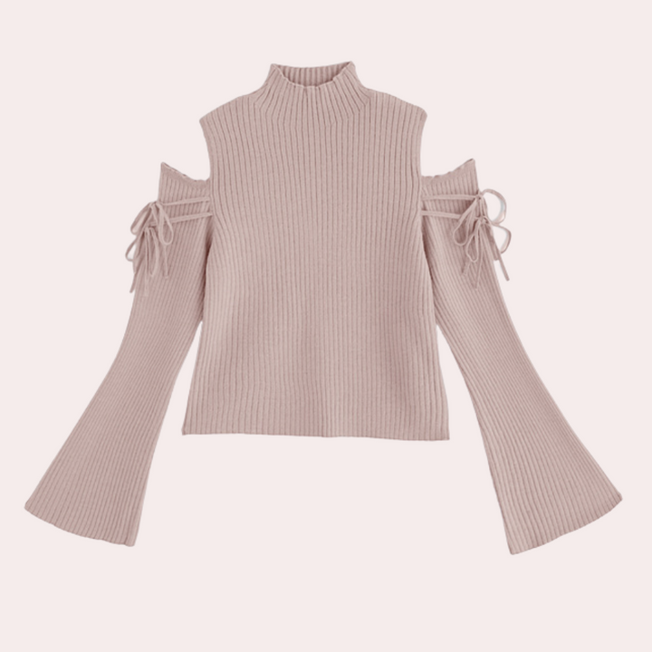 Roze gebreide trui met open schouders en wijde mouwen, trendy damesmode, stijlvolle herfst- en winterkleding, modieuze damestrui.