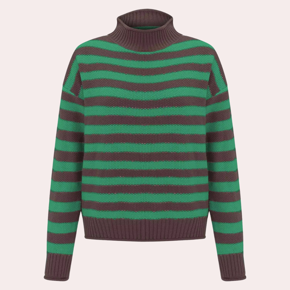 Groen-bruine gestreepte coltrui, damesmode, gebreide trui, herfst-winter kleding, comfortabele en stijlvolle outfit, casual chic.