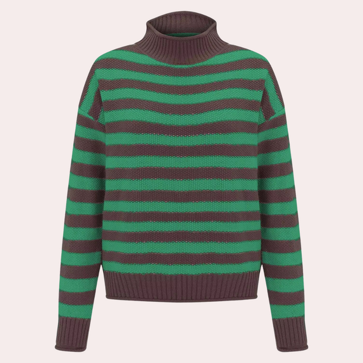 Groen-bruine gestreepte coltrui, damesmode, gebreide trui, herfst-winter kleding, comfortabele en stijlvolle outfit, casual chic.