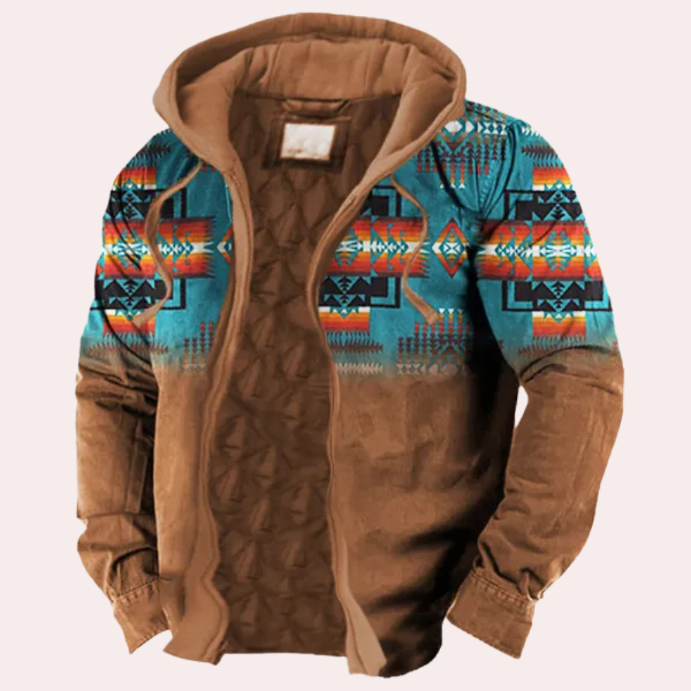 Bruine herenjas met kleurrijk Azteeks patroon, capuchon en gewatteerde binnenkant. Perfect voor herfstmode en outdoor activiteiten.