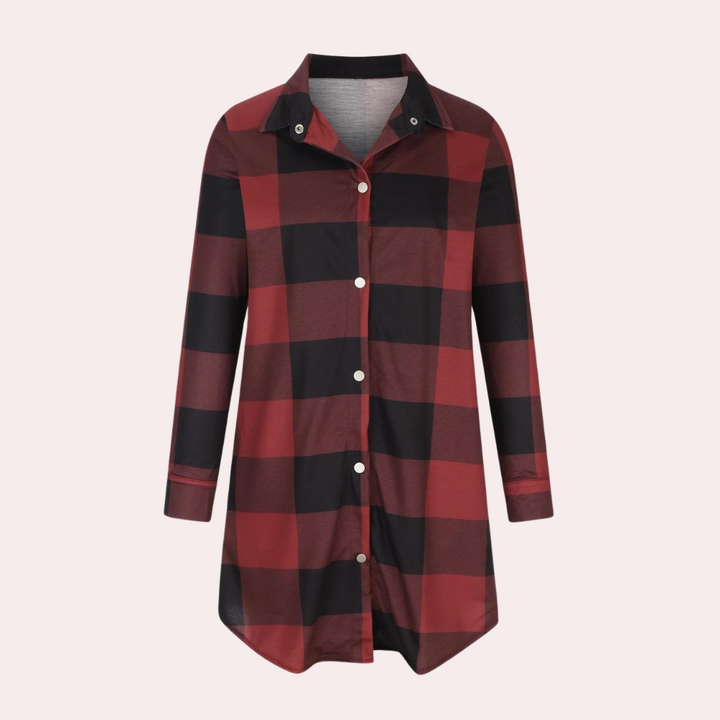 Rood-zwart geruite damesblouse met lange mouwen en knoopsluiting, ideaal voor casual en modieuze outfits. Perfect voor herfst- en winterseizoenen.