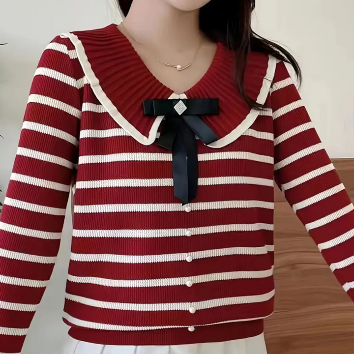 Rood-wit gestreepte trui met kraag en zwarte strik, damesmode, herfstkleding, casual stijl, comfortabele pasvorm, trendy design.