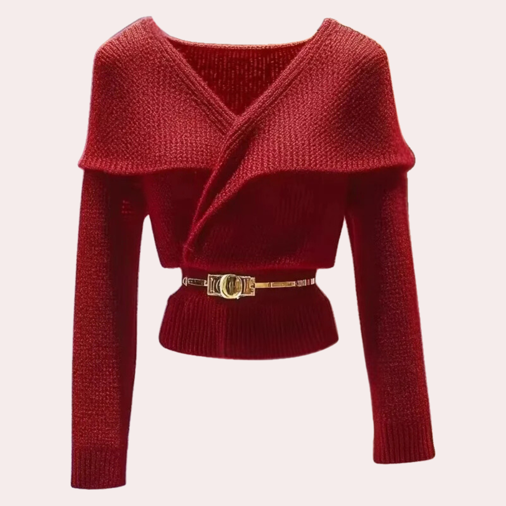 Rode gebreide damestrui met V-hals en lange mouwen, voorzien van een stijlvolle gouden riem. Perfect voor herfst- en wintermode.
