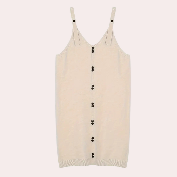 Beige damesjurk met knoopsluiting, mouwloos ontwerp, V-hals, casual stijl. Perfect voor zomeroutfits. Modieuze en comfortabele kleding.