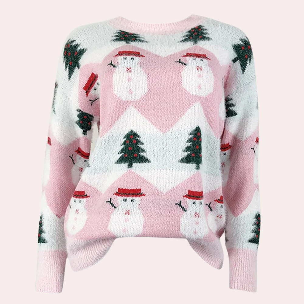 Roze kersttrui met sneeuwpop- en kerstboompatroon, damesmode, winterkleding, feestelijke trui, gebreid ontwerp, warme en comfortabele stijl.