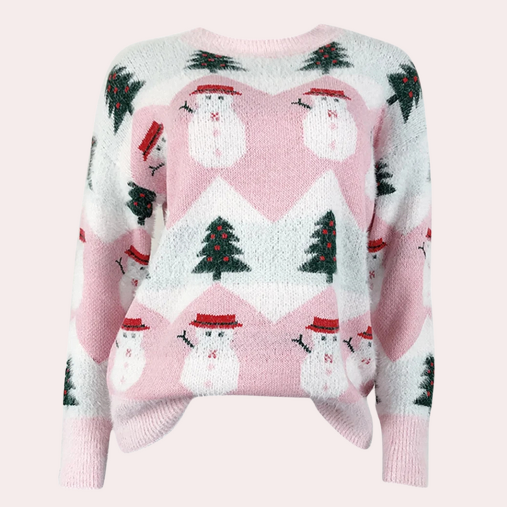 Roze kersttrui met sneeuwpop- en kerstboompatroon, damesmode, winterkleding, feestelijke trui, gebreid ontwerp, warme en comfortabele stijl.
