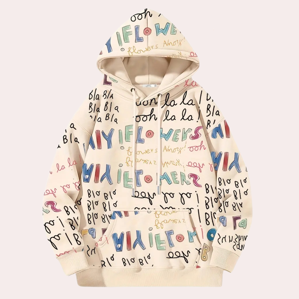 Crème hoodie met kleurrijke graffiti-letters en capuchon, unisex streetwear, casual mode, comfortabele katoenen stof, trendy ontwerp.