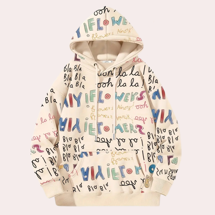 Crème hoodie met kleurrijke graffiti-letters en capuchon, unisex streetwear, casual mode, comfortabele katoenen stof, trendy ontwerp.