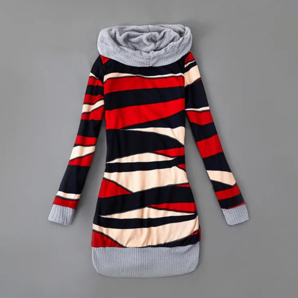 Gestreepte damestrui met lange mouwen, rood-zwart-beige patroon, grijze kraag en boorden, modieuze herfst- en winterkleding.