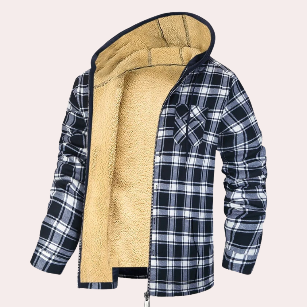 Zwart-wit geruite fleece gevoerde jas met capuchon, open rits, warme winterkleding voor heren, modieuze en comfortabele buitenkleding.