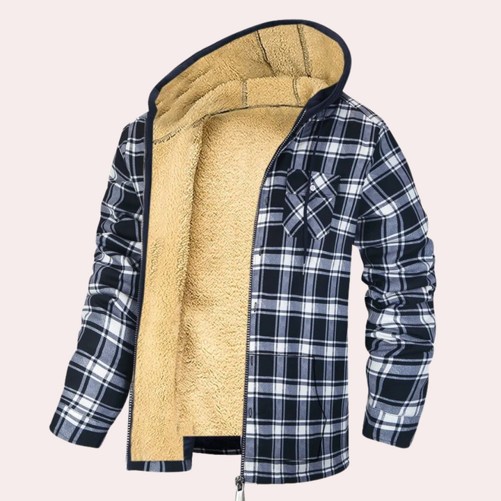 Zwart-wit geruite fleece gevoerde jas met capuchon, open rits, warme winterkleding voor heren, modieuze en comfortabele buitenkleding.