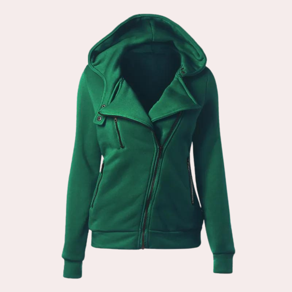 Groene dameshoodie met asymmetrische rits en capuchon, modieuze casual stijl, comfortabele pasvorm, perfect voor herfst- en winterseizoenen.