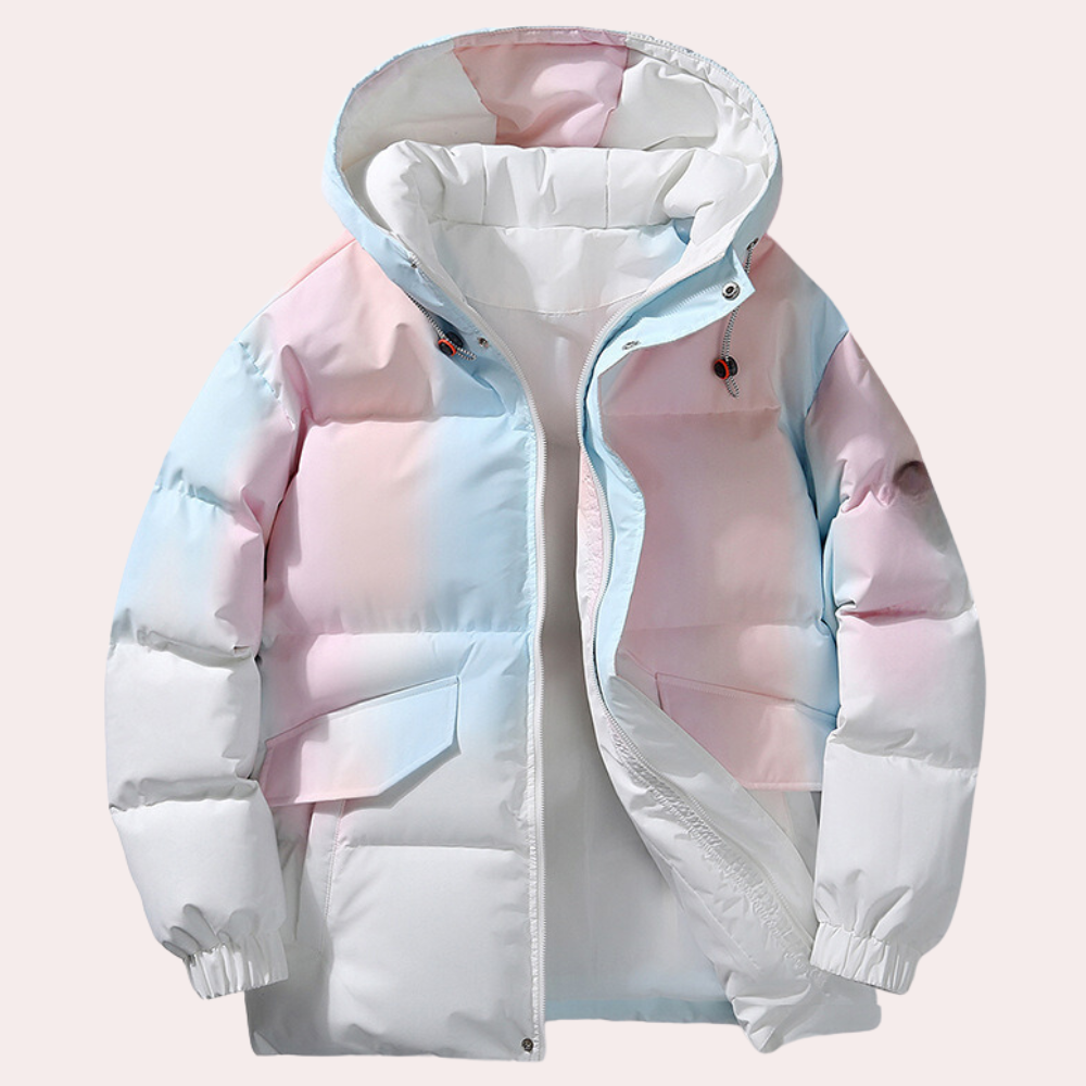 Pastel regenboog winterjas met capuchon, unisex, gewatteerd, modetrend, warme jas voor koude seizoenen, stijlvolle en comfortabele buitenkleding.