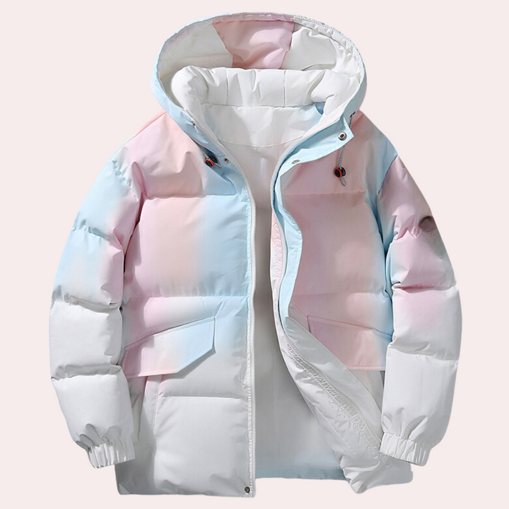 Pastel regenboog winterjas met capuchon, unisex, gewatteerd, modetrend, warme jas voor koude seizoenen, stijlvolle en comfortabele buitenkleding.