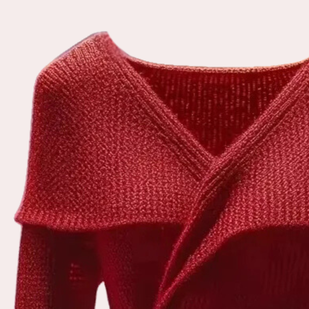 Rode gebreide damestrui met V-hals en opstaande kraag, modieuze herfstkleding, warme en stijlvolle trui voor dames, perfect voor casual outfits.