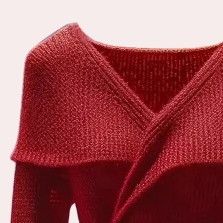 Rode gebreide damestrui met V-hals en opstaande kraag, modieuze herfstkleding, warme en stijlvolle trui voor dames, perfect voor casual outfits.