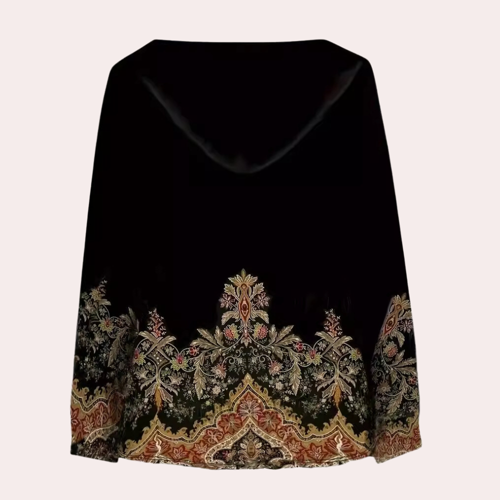 Zwarte sjaal met kleurrijk bloemenpatroon, paisley design, elegante damesmode, luxe accessoire, geschikt voor herfst en winter.