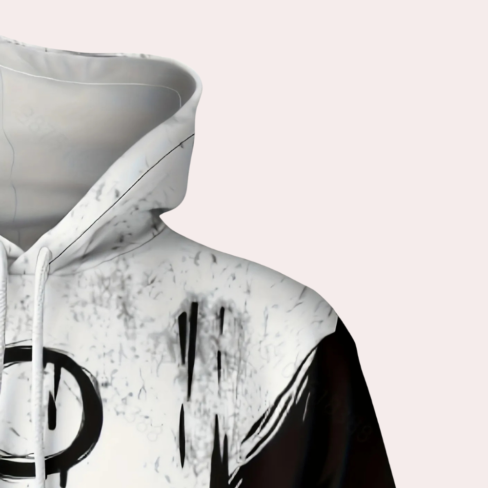 Zwart-witte hoodie met abstract ontwerp en capuchon, unisex streetwear, comfortabele pasvorm, trendy mode, casual kledingstijl.