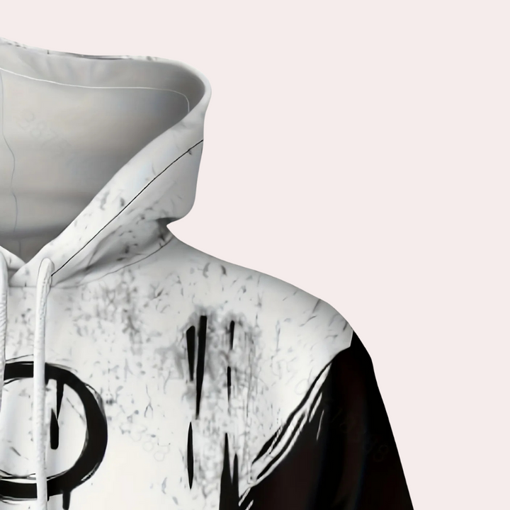 Zwart-witte hoodie met abstract ontwerp en capuchon, unisex streetwear, comfortabele pasvorm, trendy mode, casual kledingstijl.