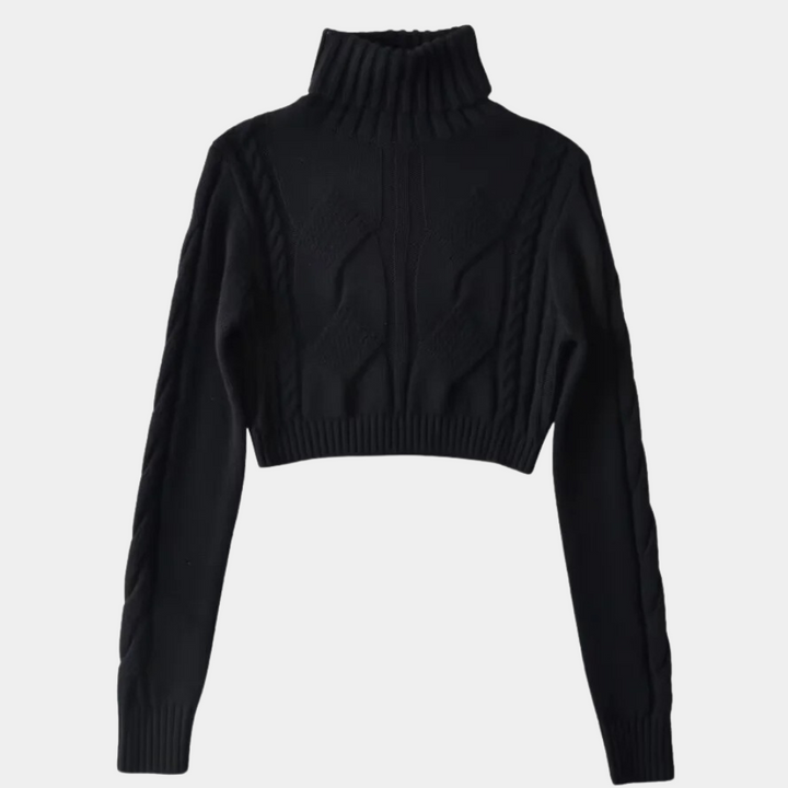 Zwarte cropped kabeltrui met col, lange mouwen en gebreid patroon. Perfect voor herfstmode en winterstijl. Comfortabel en trendy dameskleding.