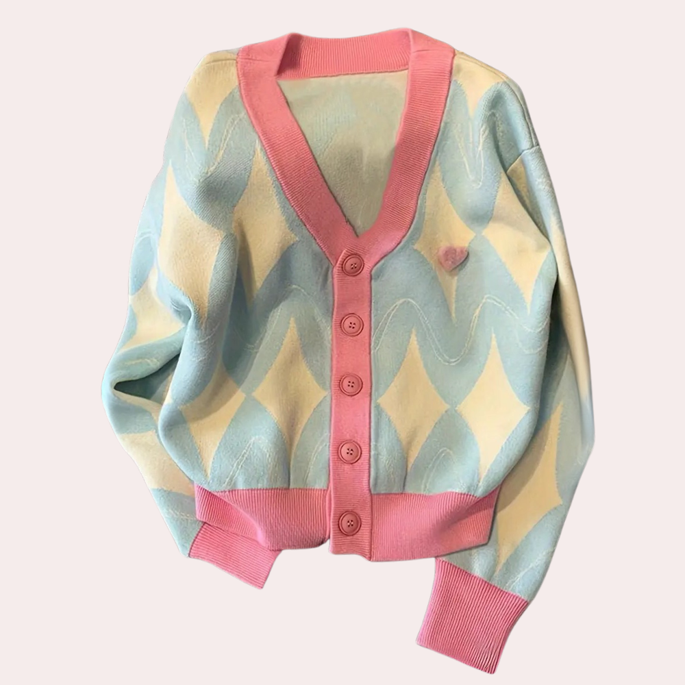 Roze en blauwe damescardigan met golfpatroon, V-hals en knoopsluiting. Trendy gebreid vest, perfect voor casual en modieuze outfits.