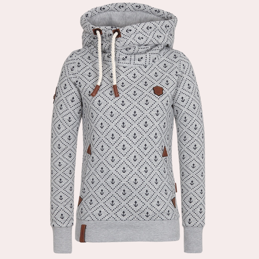 Grijze dameshoodie met ankerpatroon, hoge kraag en trekkoorden. Comfortabele sweater, ideaal voor casual outfits en herfstmode.