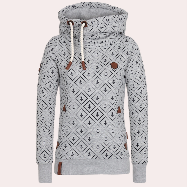 Grijze dameshoodie met ankerpatroon, hoge kraag en trekkoorden. Comfortabele sweater, ideaal voor casual outfits en herfstmode.