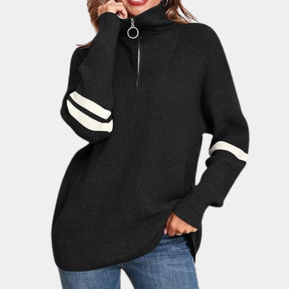 Zwarte damestrui met ritssluiting en witte strepen op de mouwen, casual wintermode, comfortabele pasvorm, ideaal voor koude dagen.
