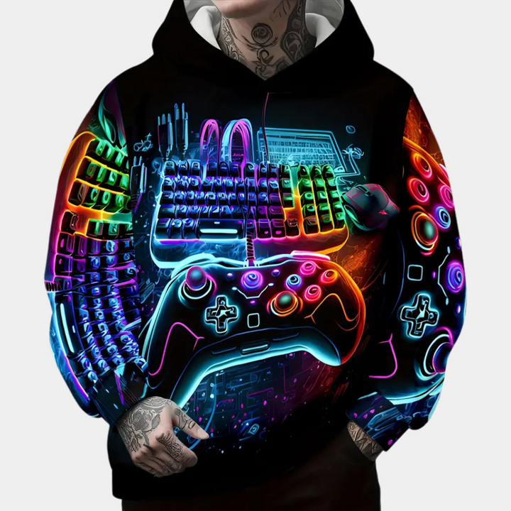 Neon gaming hoodie met kleurrijke gamecontroller en toetsenbordprint, ideaal voor gamers. Unieke kledingstijl, perfect voor game-enthousiastelingen.