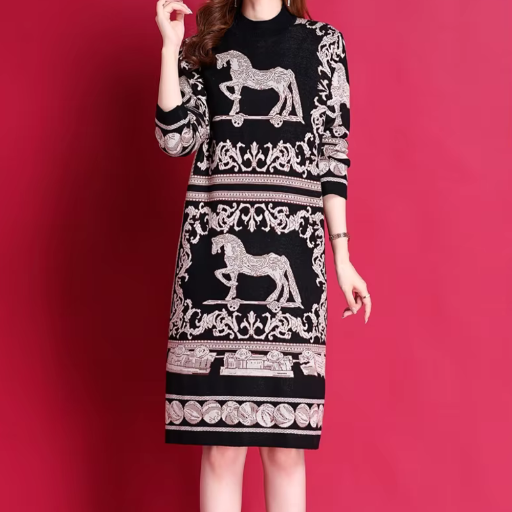 Zwart-witte jurk met paardenprint en barokke patronen, lange mouwen, elegante damesmode, tegen een roze achtergrond.