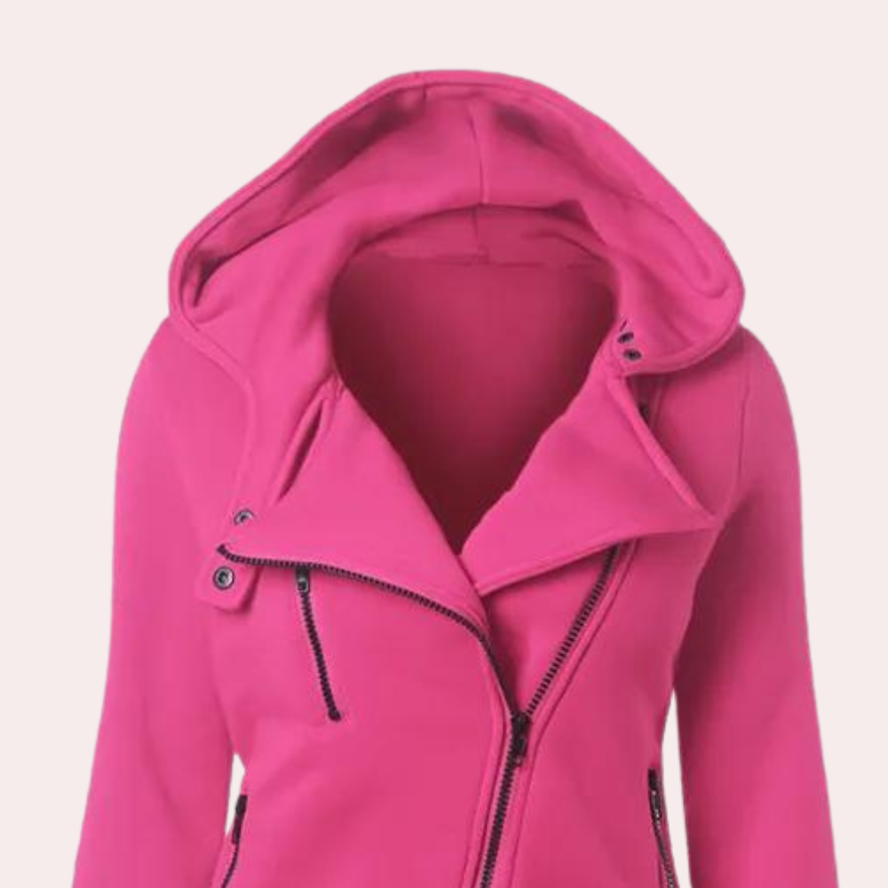 Roze dameshoodie met rits, capuchon en zakken. Modieuze en comfortabele sweater voor casual en sportieve outfits. Perfect voor lente en herfst.