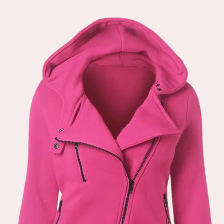 Roze dameshoodie met rits, capuchon en zakken. Modieuze en comfortabele sweater voor casual en sportieve outfits. Perfect voor lente en herfst.