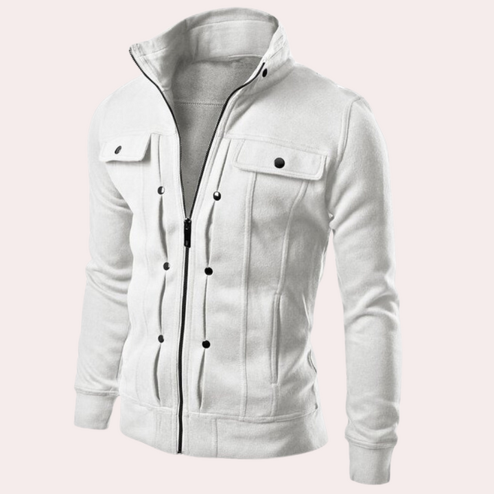 Witte herenjas met opstaande kraag, ritssluiting en borstzakken. Stijlvolle casual jas, ideaal voor herfst- en wintermode.